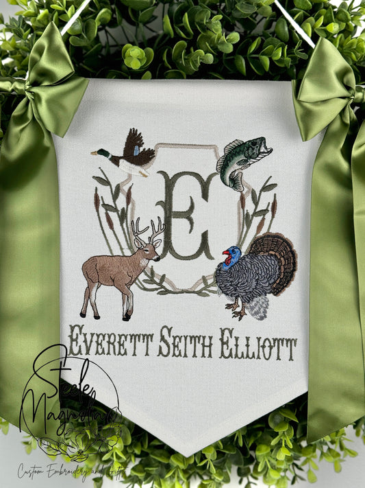 Hunting Deer, Turkey, Mallard Duck, Bass Fishing Crest Baby Banner