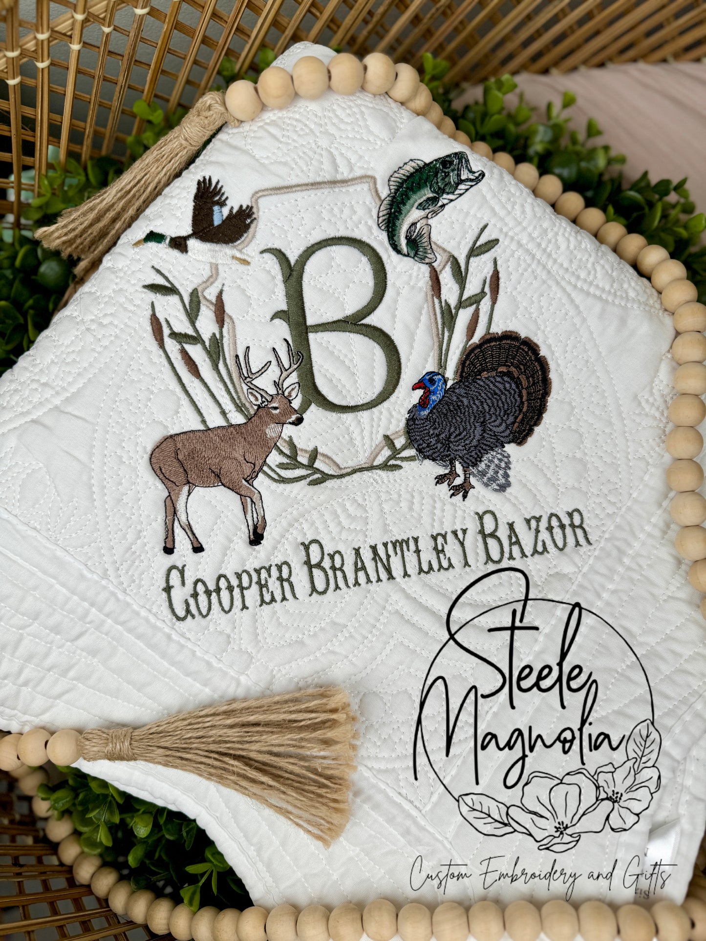 Hunting Deer, Turkey, Mallard, Bass Fishing Crest Heirloom Quilt