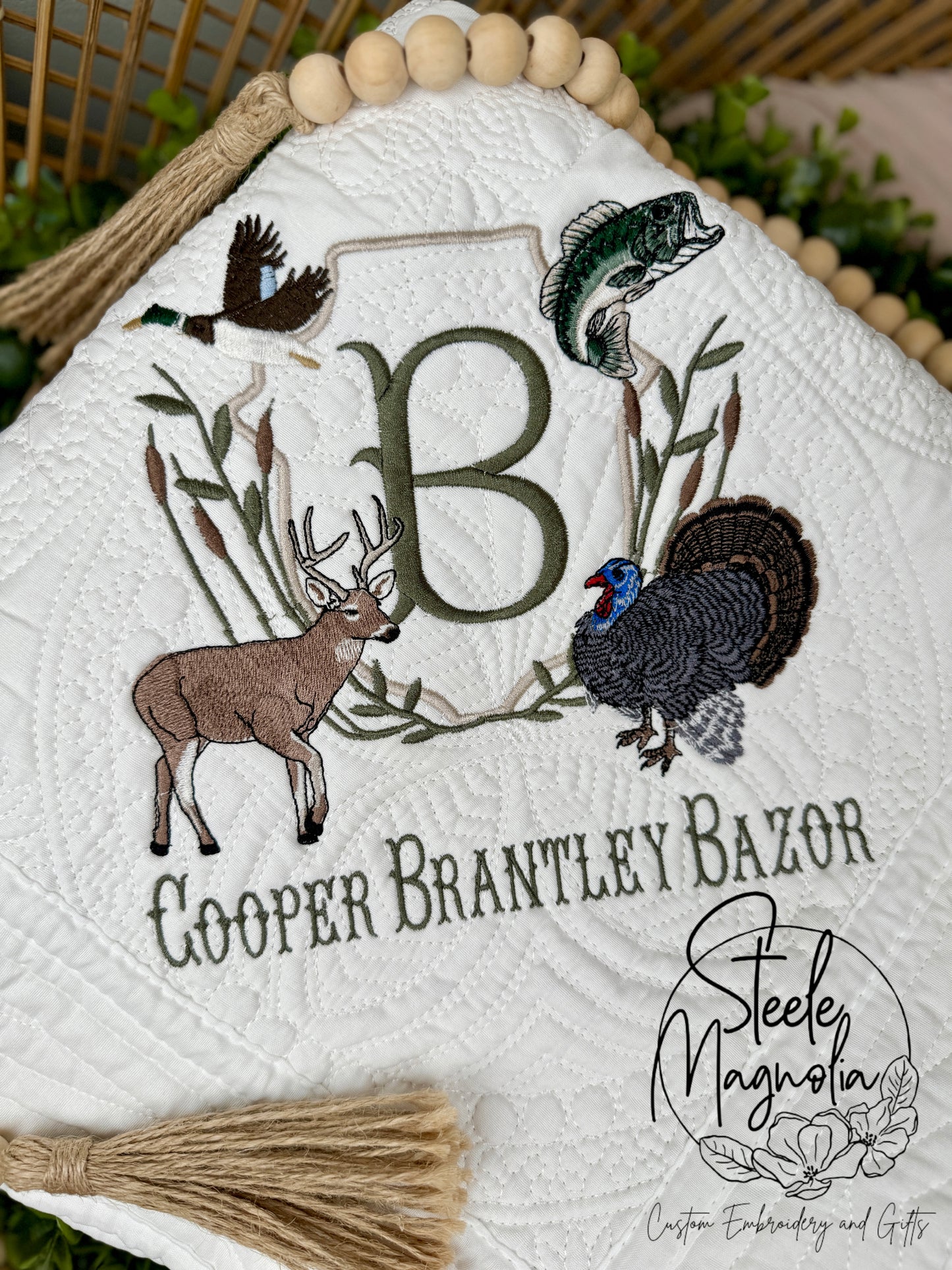 Hunting Deer, Turkey, Mallard, Bass Fishing Crest Heirloom Quilt