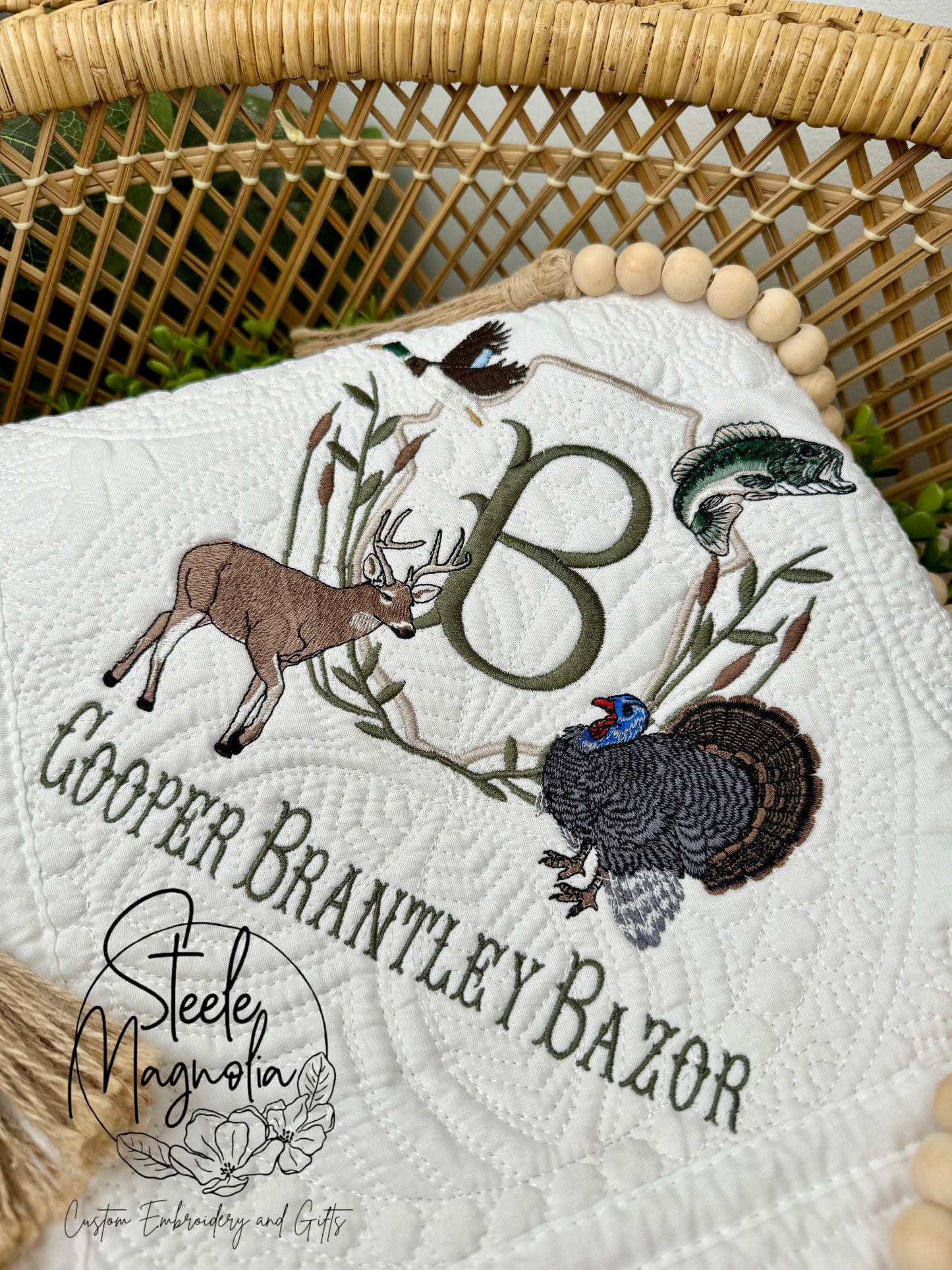 Hunting Deer, Turkey, Mallard, Bass Fishing Crest Heirloom Quilt