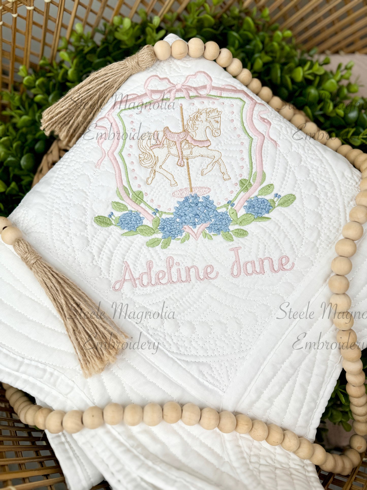 Carousel Horse Pink Bow Hydrangea Heirloom Quilt