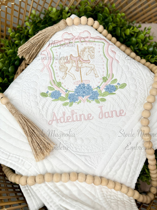Carousel Horse Pink Bow Hydrangea Heirloom Quilt