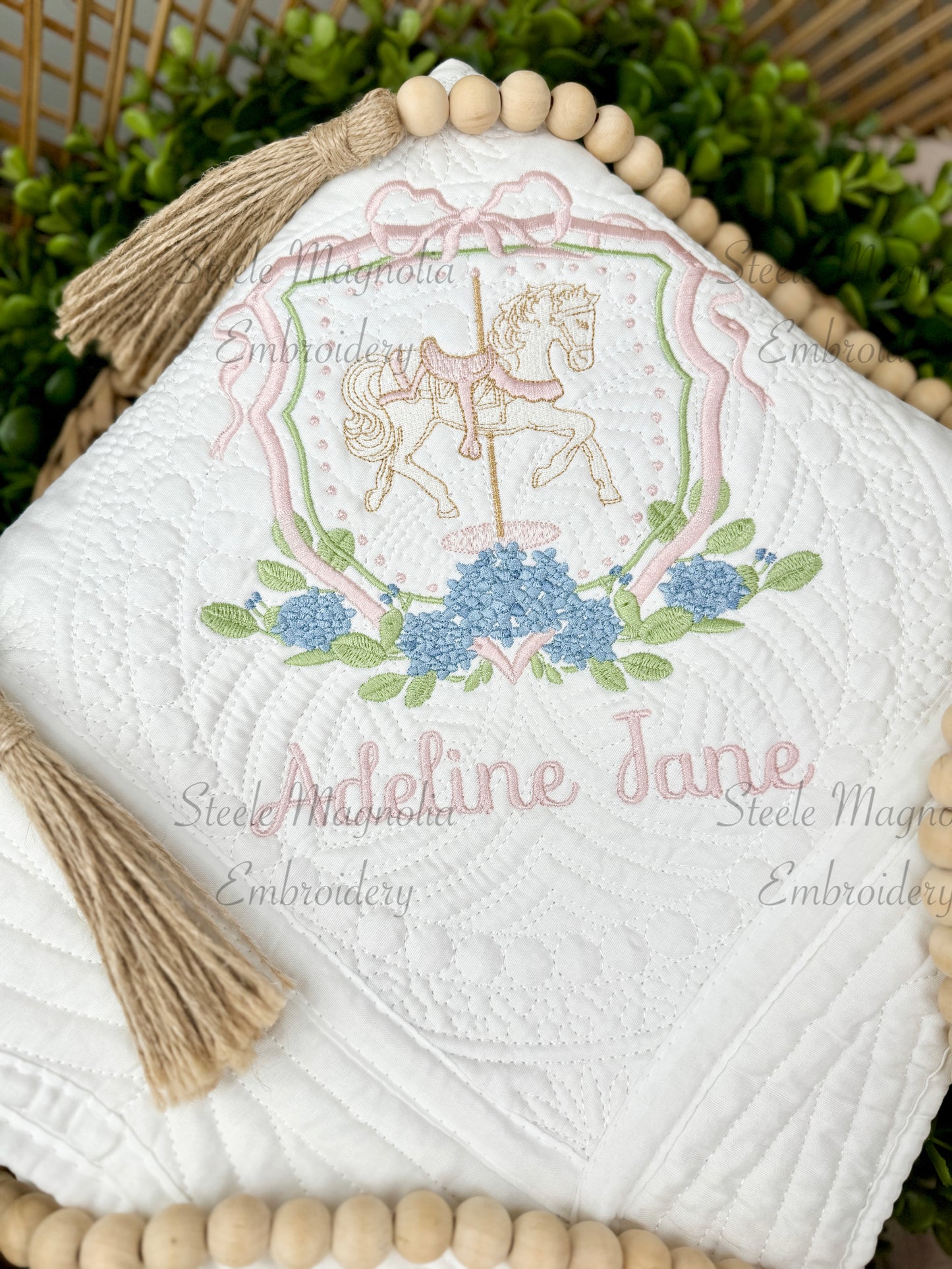 Carousel Horse Pink Bow Hydrangea Heirloom Quilt