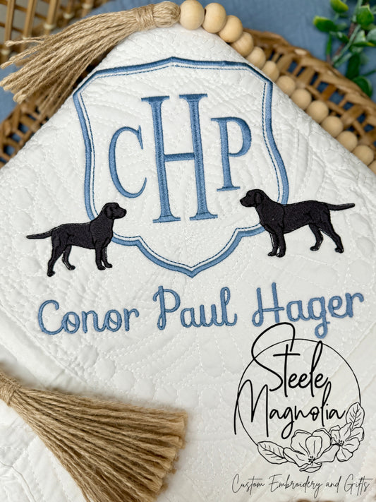 Classic Steel Blue 2 Labrador Dogs Crest Heirloom Quilt