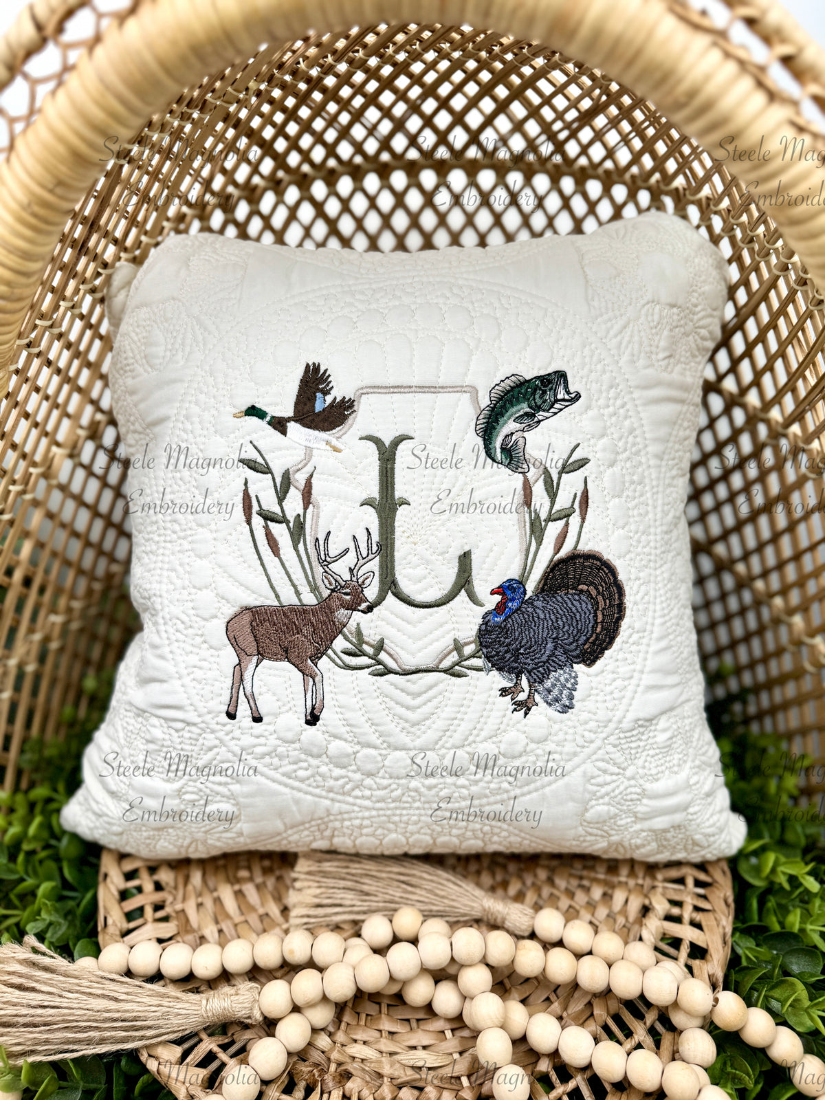 Hunting Deer, Turkey, Mallard Duck, Bass Fishing Crest Heirloom Nursery Pillow