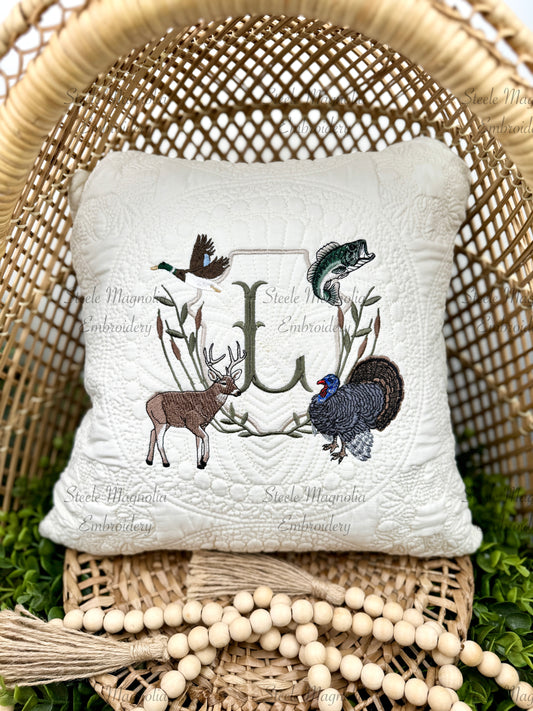 Hunting Deer, Turkey, Mallard Duck, Bass Fishing Crest Heirloom Nursery Pillow