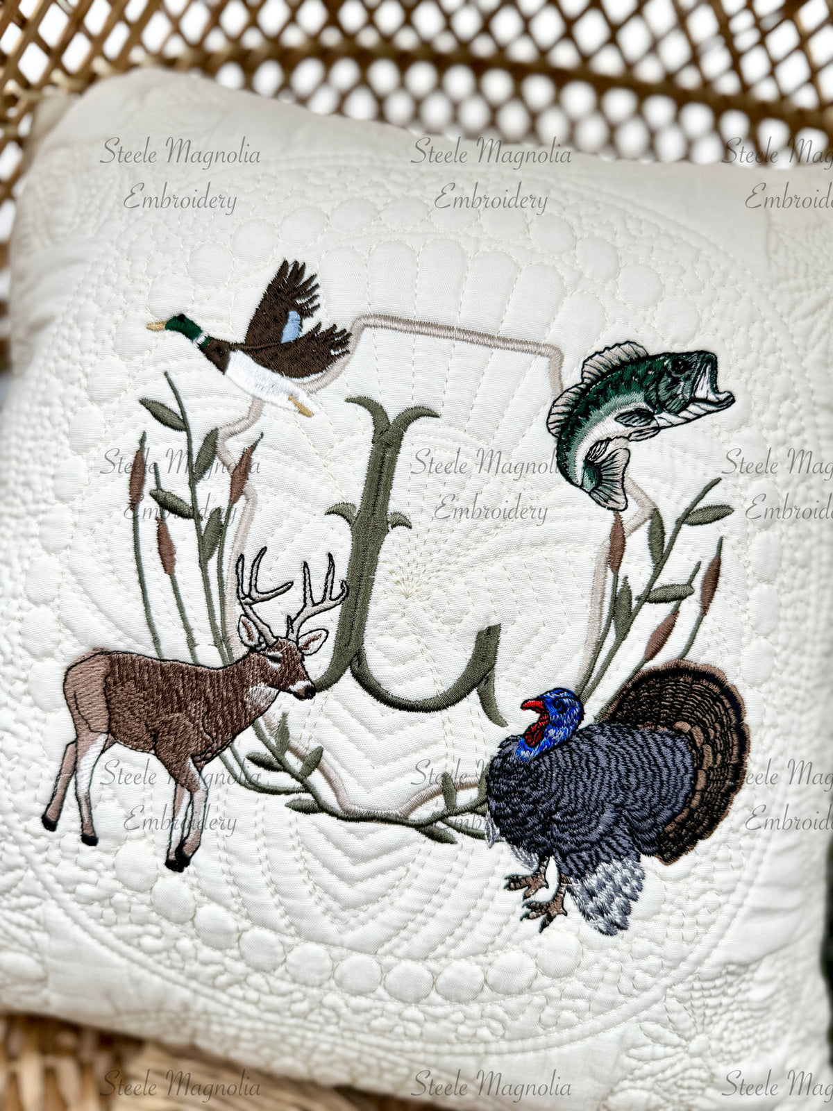 Hunting Deer, Turkey, Mallard Duck, Bass Fishing Crest Heirloom Nursery Pillow