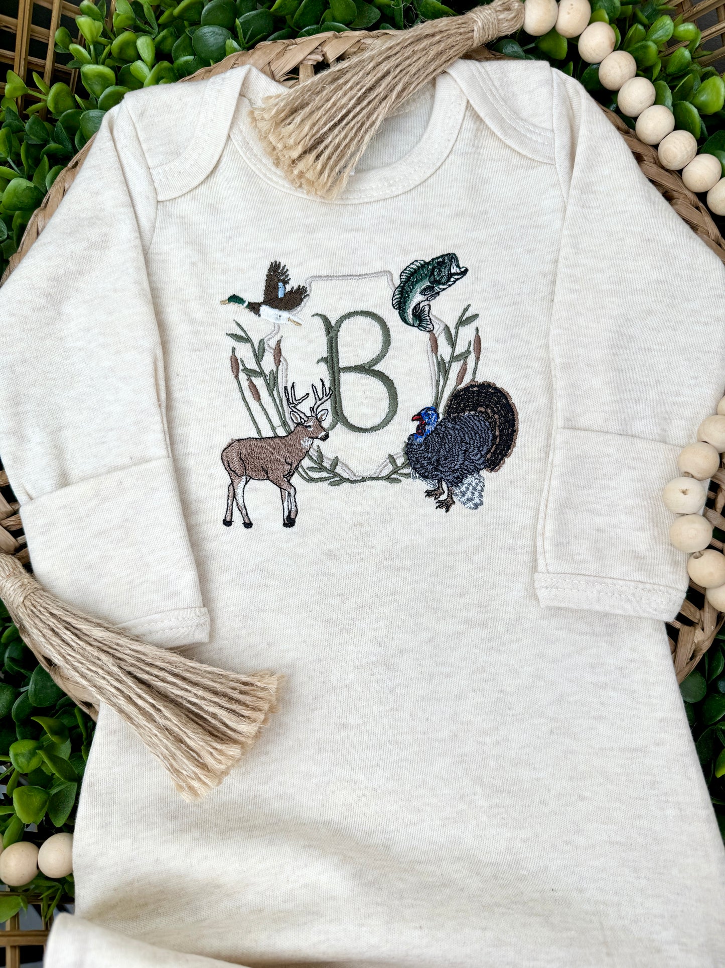 Hunting Deer, Turkey, Mallard Duck, Bass Fishing Crest Infant Gown