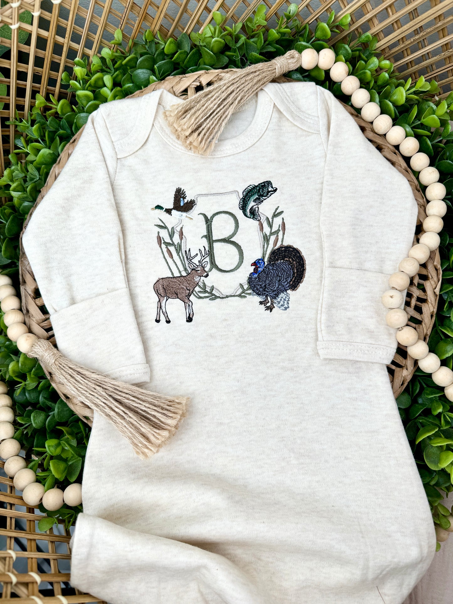 Hunting Deer, Turkey, Mallard Duck, Bass Fishing Crest Infant Gown