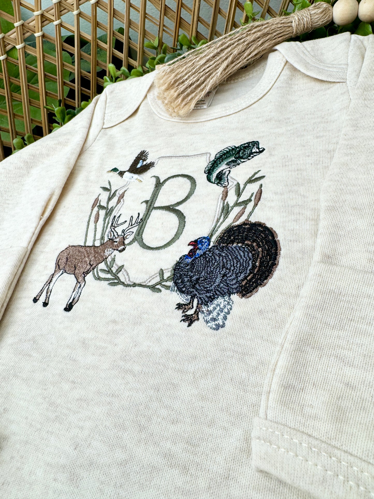 Hunting Deer, Turkey, Mallard Duck, Bass Fishing Crest Infant Gown