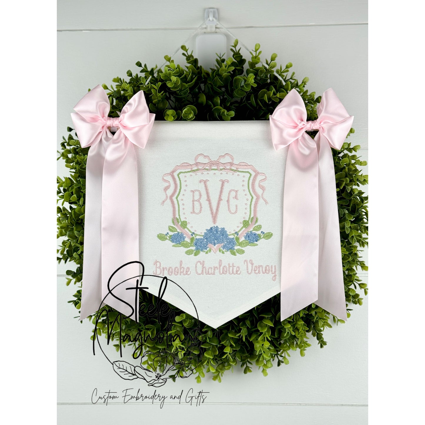 Pink Bow Blue Hydrangea Crest Baby Banner
