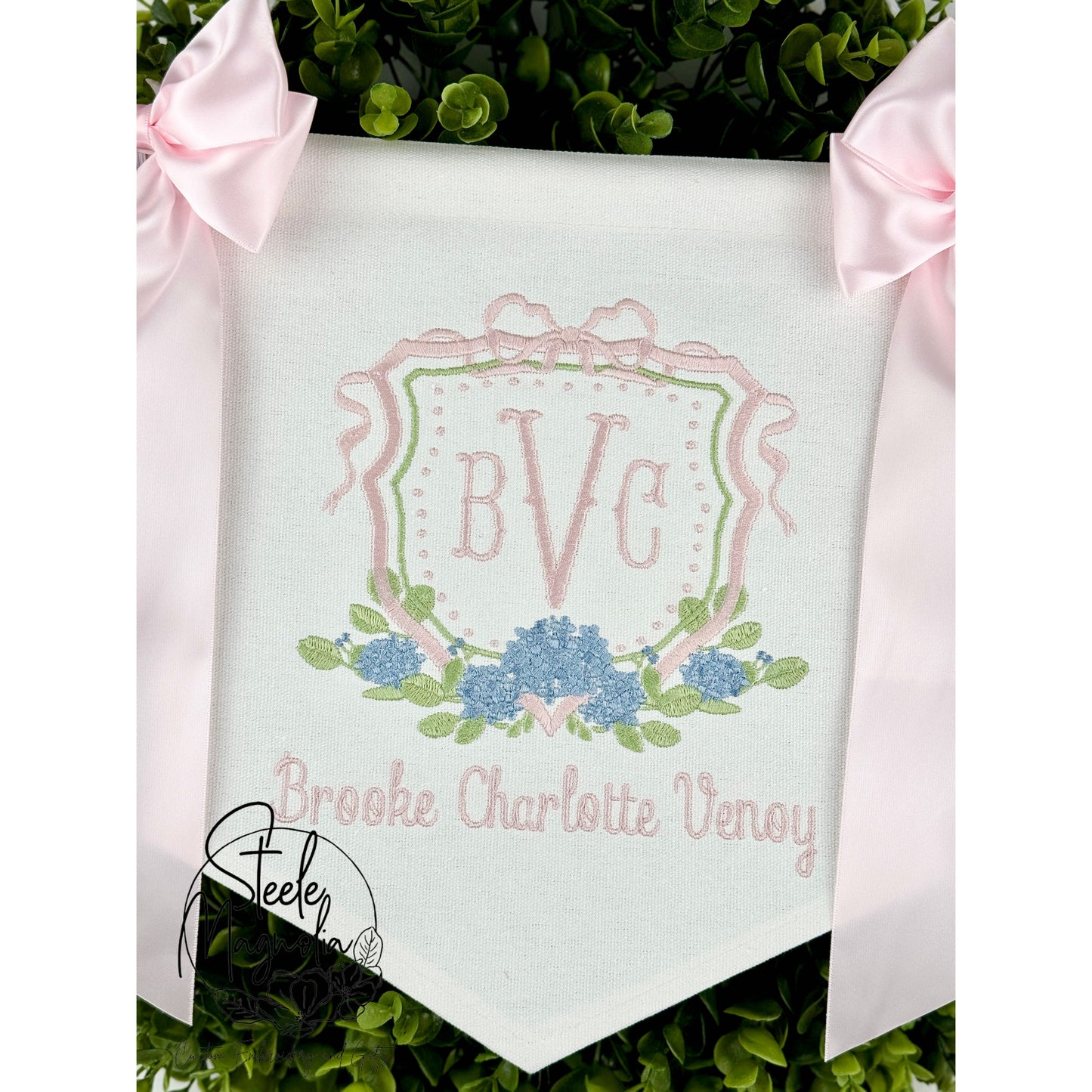 Pink Bow Blue Hydrangea Crest Baby Banner