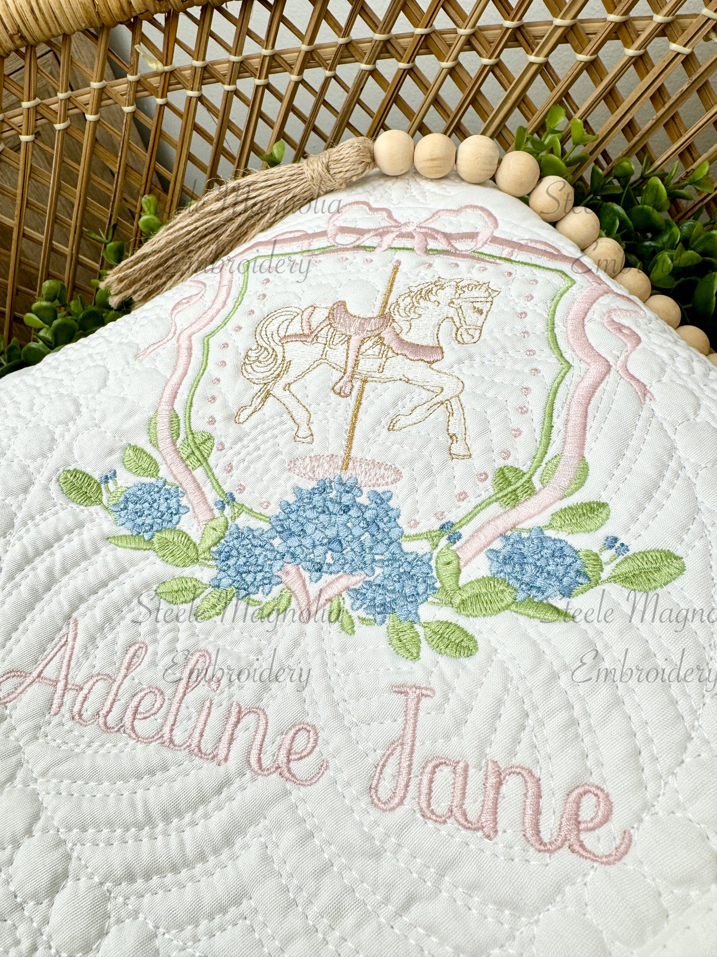 Carousel Horse Pink Bow Hydrangea Heirloom Quilt